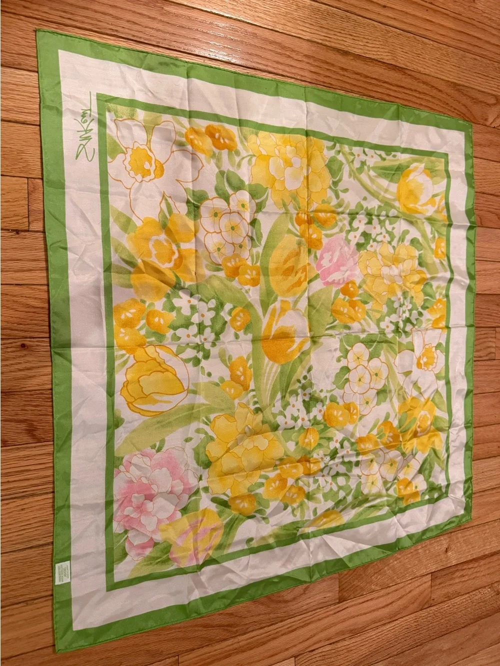 Avon Made in Japan Floral Square Silk Scarf in Yellow, Green & Pink